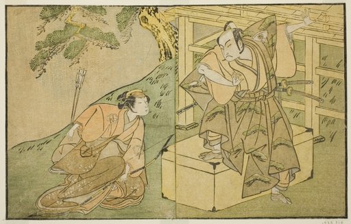 The Actors Onoe Matsusuke I as Akaboshi Taro (right), and Azuma Tozo II as Shirotae (left), in the Play Kono Hana Yotsugi no Hachi no Ki, Performed at the Ichimura Theater in the Eleventh Month, 1771