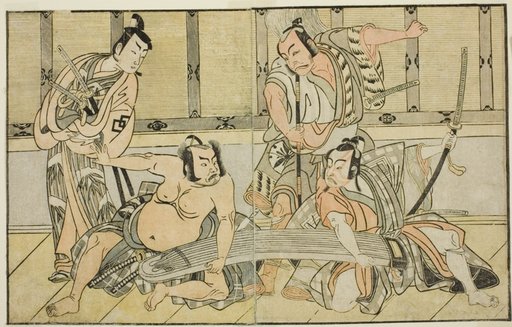 The Actors Ichikawa Yaozo II as Kujaku no Saburo, Matsumoto Koshiro II as Hata no Daizen Taketora, Nakajima Mihoemon II as Aramaki Mimishiro, and Nakamura Shocho I as Ki no Tsurayuki (right to left), in the Play Kuni no Hana Ono no Itsumoji, Performed at the Nakamura Theater in the Eleventh Month, 1771