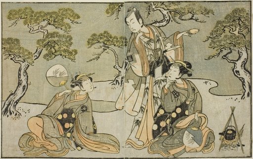 The Actors Nakamura Nakazo I as Matsukaze (right), Ichikawa Komazo II as Ariwara no Yukihira (center), and Iwai Hanshiro IV as Murasame (left), in the Play Kuni no Hana Ono no Itsumoji, Performed at the Nakamura Theater in the Eleventh Month, 1771