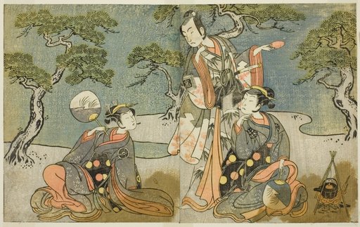 The Actors Nakamura Nakazo I as Matsukaze (right), Ichikawa Komazo II as Ariwara no Yukihira (center), and Iwai Hanshiro IV as Murasame (left), in the Play Kuni no Hana Ono no Itsumoji, Performed at the Nakamura Theater in the Eleventh Month, 1771