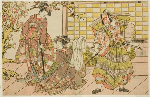 The Actors Ichikawa Danjuro V as Miura Kunitae (right), Segawa Kikunojo III as Yasukata (center), and Iwai Hanshiro IV as Utou (left), in the Play Godai Genji Mitsugi no Furisode, Performed at the Nakamura Theater in the Eleventh Month, 1782