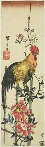 Rooster perched on rose trellis