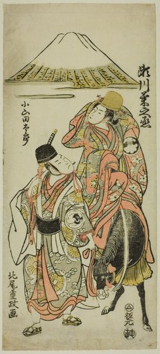 The Actors Segawa Kikunojo II as Itsuki and Bando Hikosaburo II as Oyamada Taro in the play "Taiheiki Shizunome Furisode," performed at the Nakamura Theater in the eleventh month, 1767