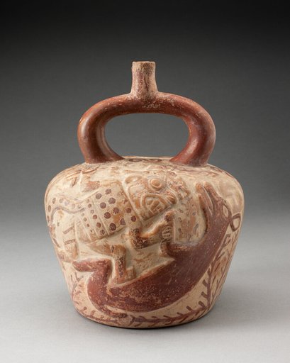 Stirrup Spout Vessel with Raised Deer Hunt Motifs