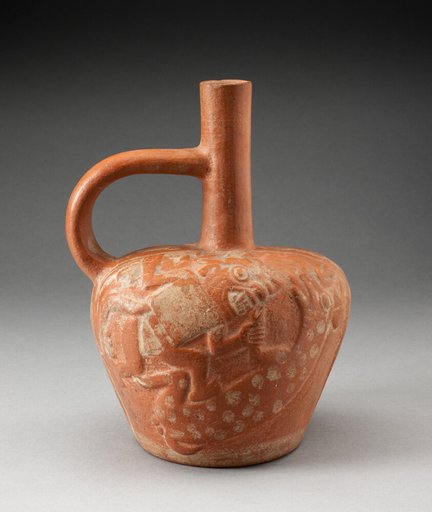 Handle Spout Vessel with Raised Deer Hunt Motifs