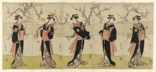 The Actors Segawa Kikunojo III as Karigane Obun, Nakayama Tomisaburo I as An no Oyasu, Iwai Kiyotaro II as Kaminari no Osha, Nakayama Tatezo I as Gokuin no Osen, and Ichikawa Monnosuke II as Hotei no Oichi (right to left), in "Gonin Onna," Scene One of the Play Waka Murasaki Edokko Soga, Performed at the Ichimura Theater in the Second Month, 1792