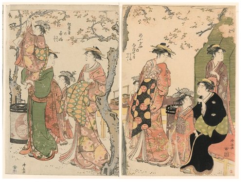 Courtesans and Their Child Attendants under Blossoming Cherry Trees