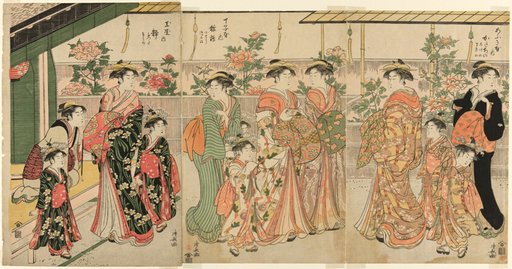Courtesans of Yoshiwara and their attendants viewing the peonies on Nakanocho