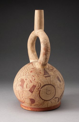 Stirrup Spout Vessel with Fineline Bean Warrior and Weapons Motif