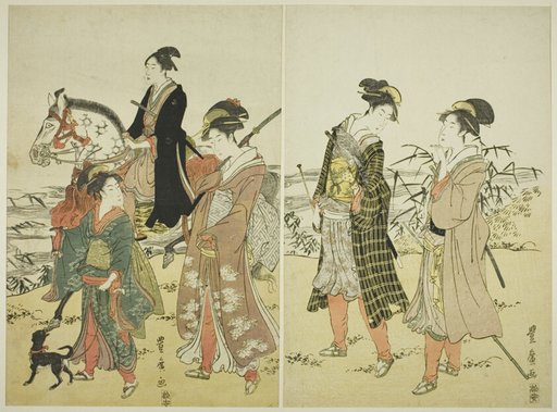 Party of falconers near river