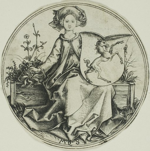 Shield with a Unicorn, Held by a Lady