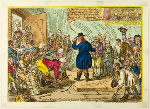 Old English-Gentleman Pester'd by Servants Wanting Places