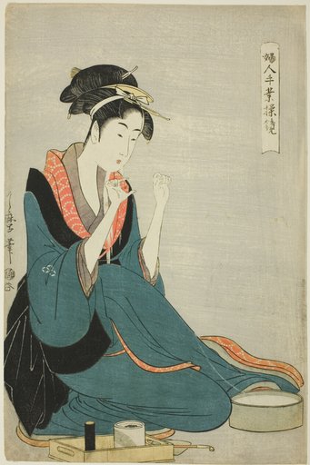 Tying Thread, from the series “Women’s Handicrafts: Models of Dexterity" ("Fujin tewaza ayatsuri kagami")