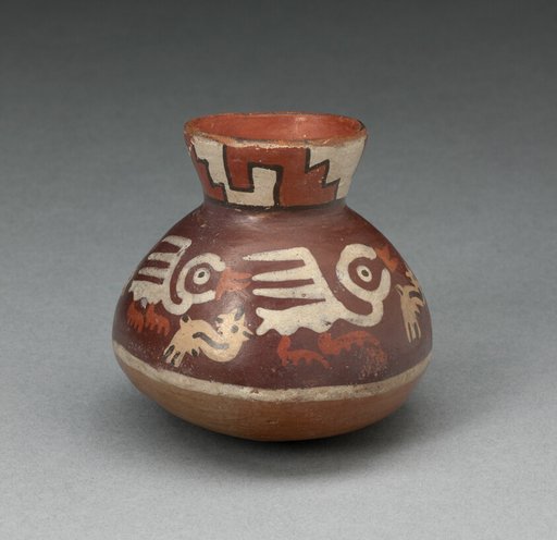 Miniature Jar Depicting Abstract Birds and Fish