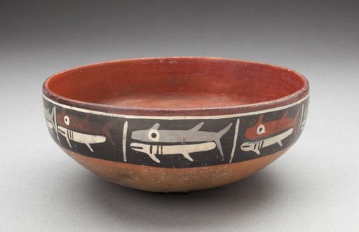 Bowl Depicting Row of Fish or Sharks Separated by Vertical Lines