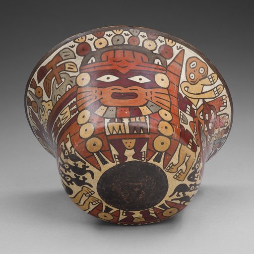 Bowl Depicting a Costumed Ritual Performer with Abstract Plants, Holding a Captive