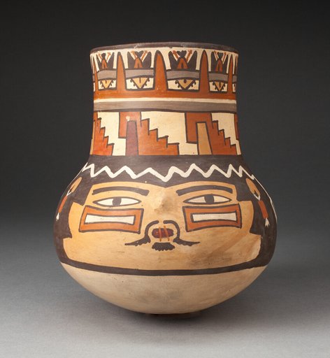 Beaker Depicting a Human Head with Bound Lips and Geometric Motifs
