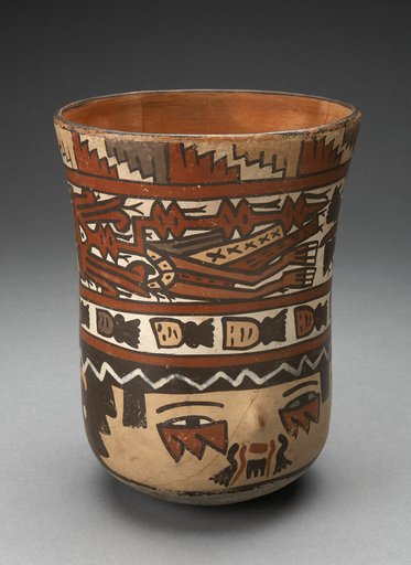 Beaker Depicting Human Head with Face Painting; and Abstract Costumed Figures