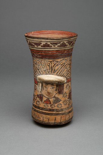 Beaker with Modeled Head Surrounded by Painted Abstract Motifs