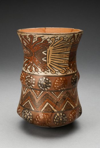 Curved Beaker with Rows of Abstract Masks and Geometric Motifs