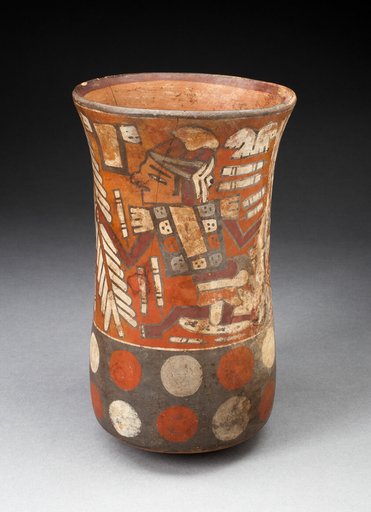 Beaker Depicting Warriors Holding Feathered Staffs with Regalia