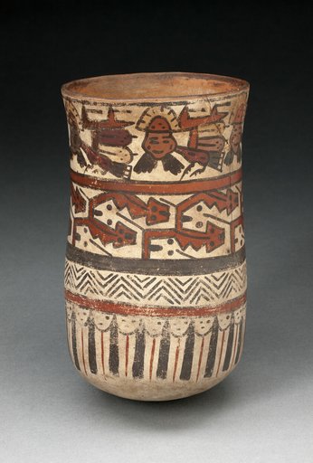 Beaker Depicting Rows of Abstract Patterns and Costumed Performers