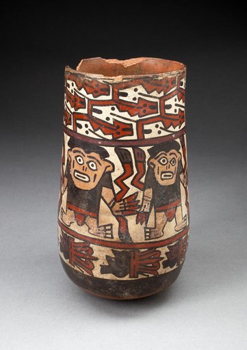 Beaker Depicting Rows of Figures Holdings Staffs or Plants with Geometric Motifs