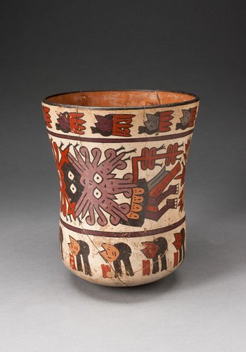Beaker Depicting Costumed Ritual Performer with Abstract Trophy Heads, Heavily Restored