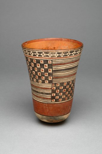 Beaker with Rectangular Areas Filled with Stripes and Checkerboard Pattens