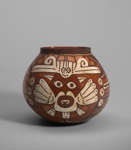 Vessel Depicting a Costumed Ritual Performer Holding a Staff and a Trophy Head