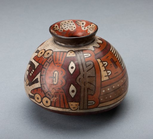 Jar Depicting a Costumed Ritual Performer Wearing Feline Mask