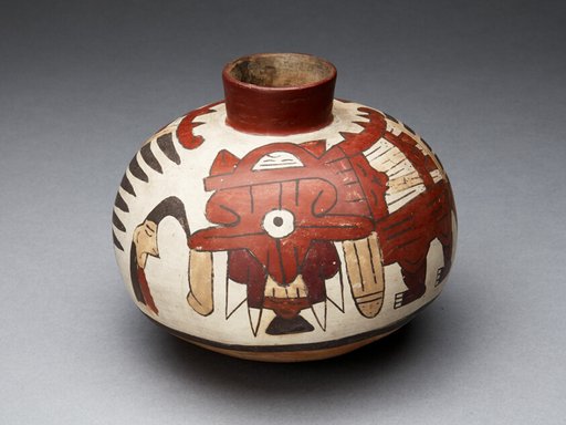 Jar Depicting a Performer Wearing Abstract Bird Costume and Holding a Trophy Head