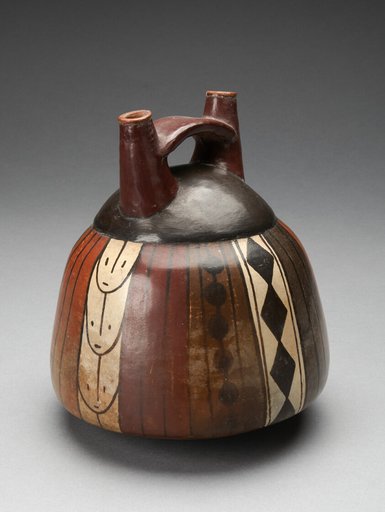 Double Spout Vessel with Vertical Bands of Geometric Motifs