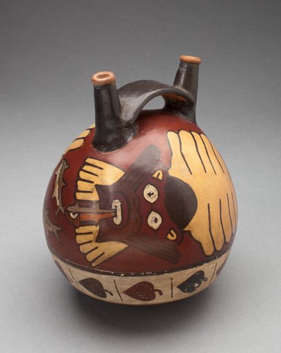 Double Spout Vessel Depicting a Costumed Ritual Performer with Sharks