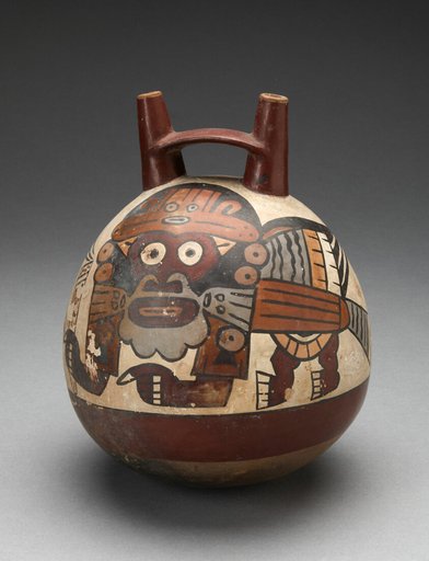 Double Spout Vessel Depicting Costumed Figure with Bird Attributes, Holding a Staff