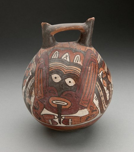 Double Spout Vessel Depicting Costumed Figure with Tattoos and Serpent Attributes