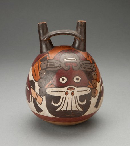 Double Spout Vessel Depicting Masked Figure Curving over Upper Surface