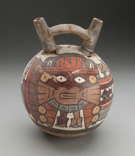 Double Spout Vessel Depicting Masked Performer with Fertility Motifs