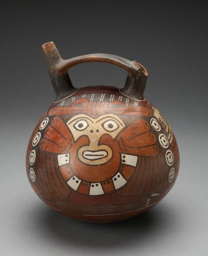 Double Spout Vessel Depicting Costumed Figure Wearing Feline Mask