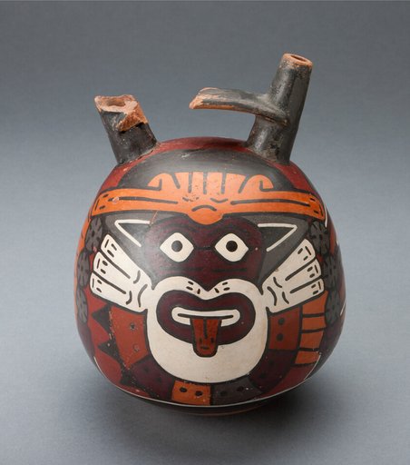 Bridge Vessel Depicting Costumed Ritual Performer Wearing Feline Mask