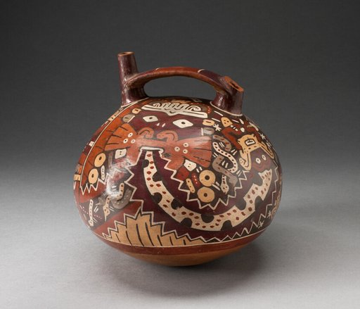 Double Spout Vessel Depicting Costumed Ritual Performer with Intricate Streamers