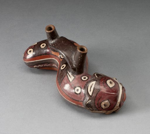 Vessel in the Form of a Serpent Wearing a Feline Mask Covered with Abstract Motifs