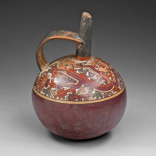 Jar with Strap Handle Depicting Abstract Figure, Possibly a Monkey, with Plants