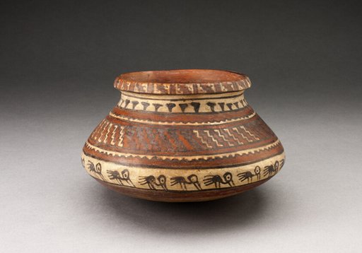 Jar with Bands of Geometric Motifs and Abstract Birds