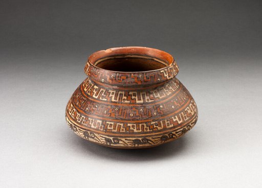 Miniature Jar with Bands of Geometric Motifs and Abstract Birds