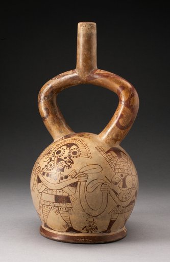 Stirrup Spout Vessel with Fineline Warriors Holding Ribbon Motif