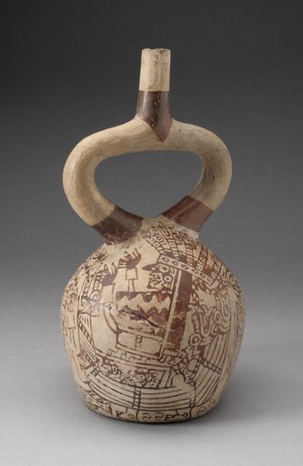 Stirrup Vessel with Fineline Painting Depicting Costumed Figured in a Reed Boat