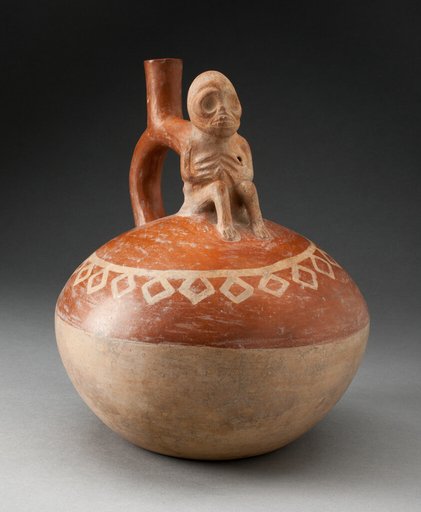 Spout Vessel with Skeletal Figure Seated Attached to Handle