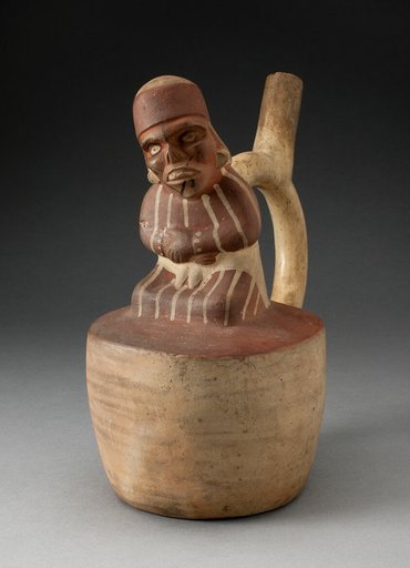 Spout Vessel with Skeletal, Tatooed Figure Attached to Handle