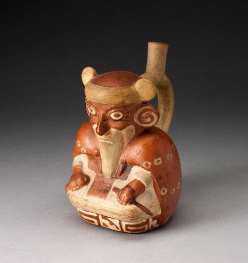 Single Spout Vessel in Form of Seated, Bearded Man Wearing a Cape
